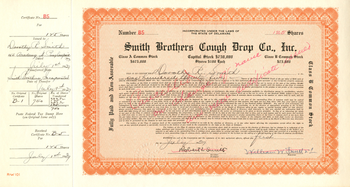 Smith Brothers Cough Drop Co. Inc. - Autograph Stock Certificate